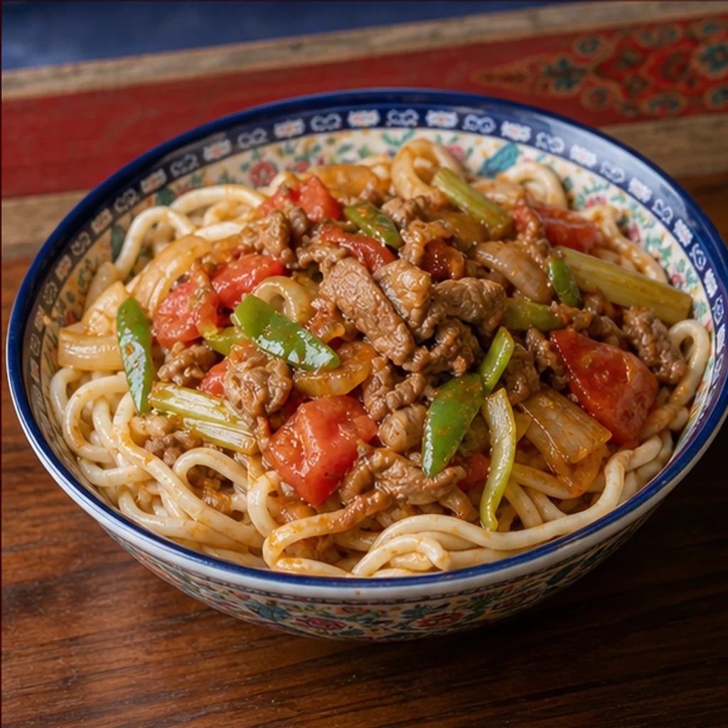 新疆拌麺を料理名と地域の特徴に合わせて生成した料理写真